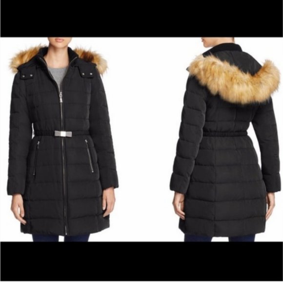 kate spade black Belted Faux Fur Trim Down Coat size xs nwot - Picture 1 of 11